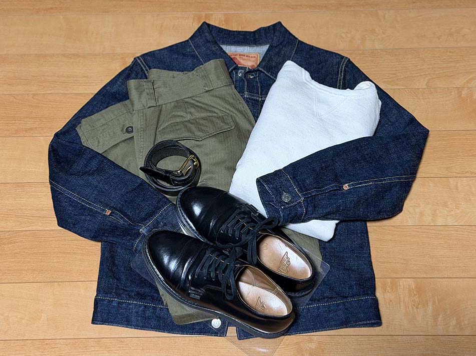 レッドウイング ポストマン101 M41カーゴパンツ 生成り スウェット セカンド デニムジャケット コーデ